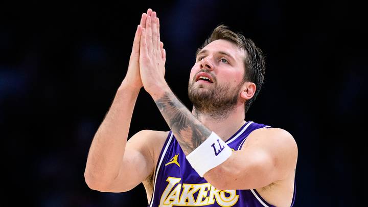 Mar 27, 2026; Los Angeles, California, USA; Los Angeles Lakers guard Luka Doncic (77) gestures during the second half against the Brooklyn Nets at Crypto.com Arena. Mandatory Credit: William Liang-Imagn Images