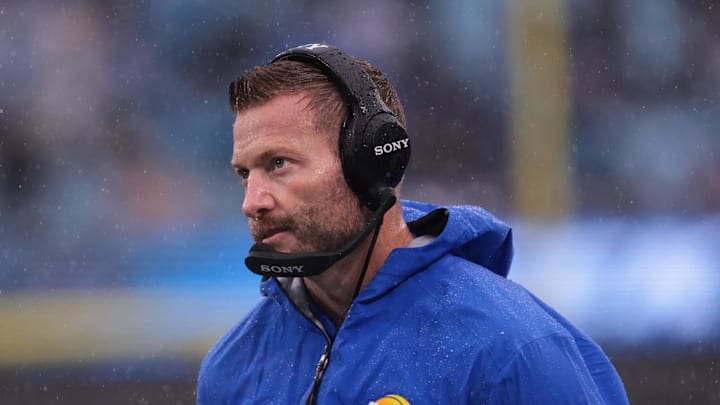 Nov 30, 2025; Charlotte, North Carolina, USA; Los Angeles Rams head coach Sean McVay looks on during the third quarter against the Carolina Panthers at Bank of America Stadium. Mandatory Credit: Scott Kinser-Imagn Images