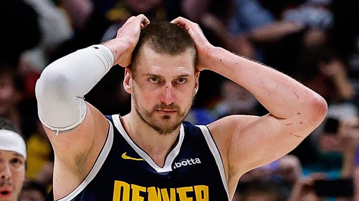 Apr 6, 2026; Denver, Colorado, USA; Denver Nuggets center Nikola Jokic (15) reacts after a play at the end of the fourth quarter against the Portland Trail Blazers at Ball Arena. Mandatory Credit: Isaiah J. Downing-Imagn Images