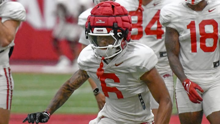Arkansas Razorbacks wide receiver Raylen Sharp during fall camp practice at the indoor practice center in Fayetteville, Ark. Arkansas Razorbacks wide receiver Raylen Sharp during fall camp practice at the indoor practice center in Fayetteville, Ark.