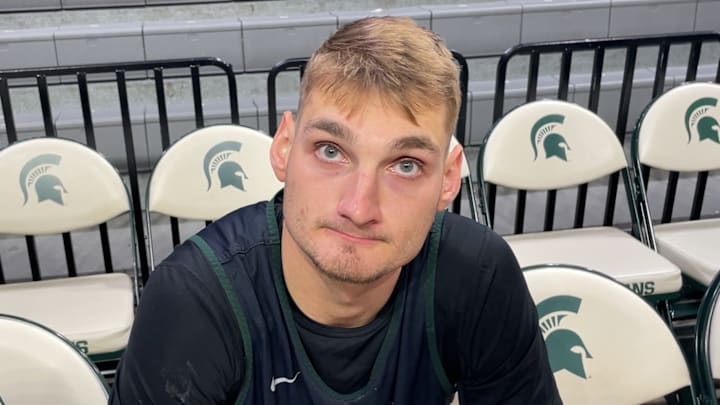 Michigan State center Carson Cooper speaks to the media inside the Breslin Center on Nov. 6, 2025.