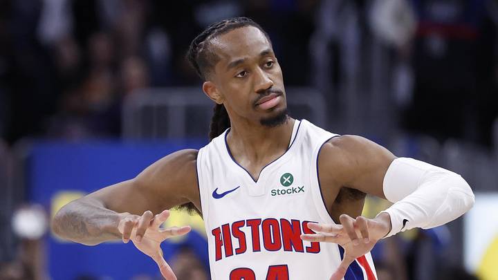 May 7, 2026; Detroit, Michigan, USA; Detroit Pistons guard Daniss Jenkins (24) celebrates a three-point basket in the second half against the Cleveland Cavaliers during game two of the second round of the 2026 NBA Playoffs at Little Caesars Arena. Mandatory Credit: Rick Osentoski-Imagn Images