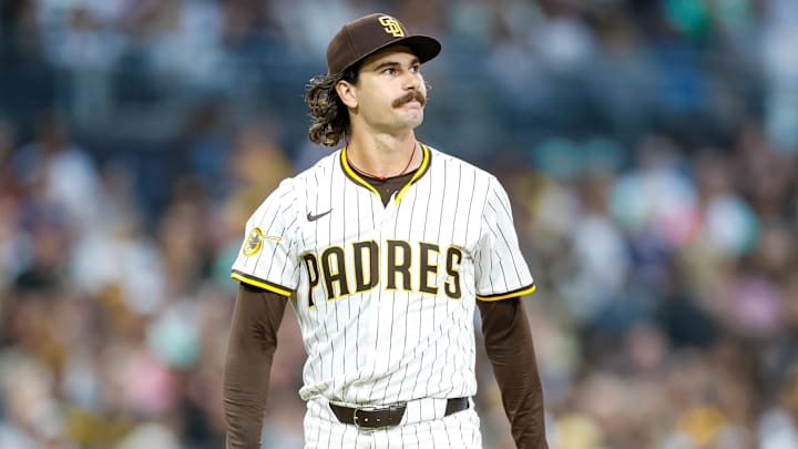San Diego Padres starting pitcher Dylan Cease (84) reacts after walking a batter during the fourth inning against the Colorado Rockies at Petco Park. Mandatory Credit: David Frerker-Imagn Images