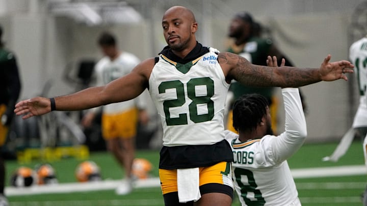 Green Bay Packers running back AJ Dillon (28) is shown during the June minicamp.
