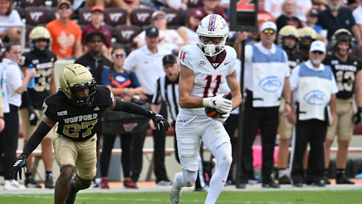 Sep 20, 2025; Blacksburg, Va.; Virginia Tech wide receiver Tucker Holloway (11) runs after a catch. Sep 20, 2025; Blacksburg, Va.; Virginia Tech wide receiver Tucker Holloway (11) runs after a catch.