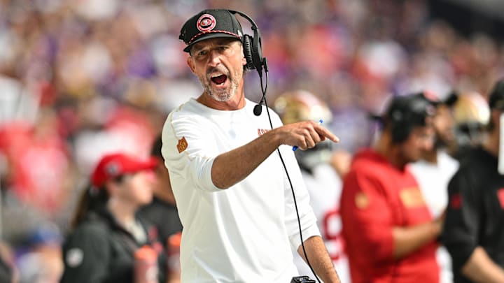 Sep 15, 2024; Minneapolis, Minnesota, USA; San Francisco 49ers head coach Kyle Shanahan reacts during the fourth quarter against the Minnesota Vikings U.S. Bank Stadium. Mandatory Credit: Jeffrey Becker-Imagn Images Sep 15, 2024; Minneapolis, Minnesota, USA; San Francisco 49ers head coach Kyle Shanahan reacts during the fourth quarter against the Minnesota Vikings U.S. Bank Stadium. Mandatory Credit: Jeffrey Becker-Imagn Images