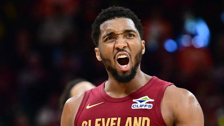 Apr 5, 2026; Cleveland, Ohio, USA; Cleveland Cavaliers guard Donovan Mitchell (45) reacts after a play during the second half against the Indiana Pacers at Rocket Arena. Mandatory Credit: Ken Blaze-Imagn Images