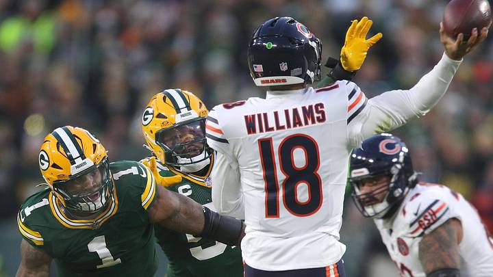 Chicago Bears quarterback Caleb Williams faces pressure from Micah Parsons and Rashan Gary. Chicago Bears quarterback Caleb Williams faces pressure from Micah Parsons and Rashan Gary.