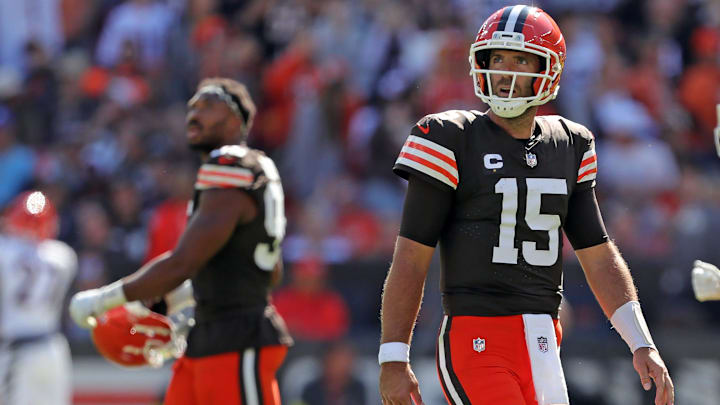 Cleveland Browns quarterback Joe Flacco (15) walks off the field after throwing an interception during the second half of an NFL football game against the Cincinnati Bengals at Huntington Bank Field, Sept. 7, 2025, in Cleveland, Ohio.