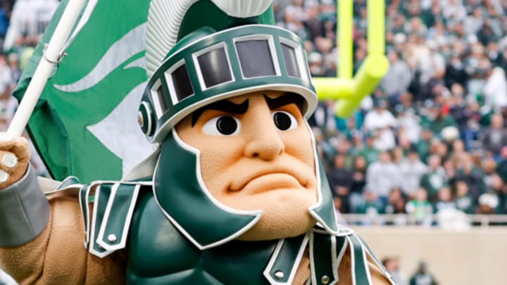 Michigan State mascot Sparty carries a flag during the Spartans' game against UCLA on Oct. 11, 2025. Michigan State mascot Sparty carries a flag during the Spartans' game against UCLA on Oct. 11, 2025.
