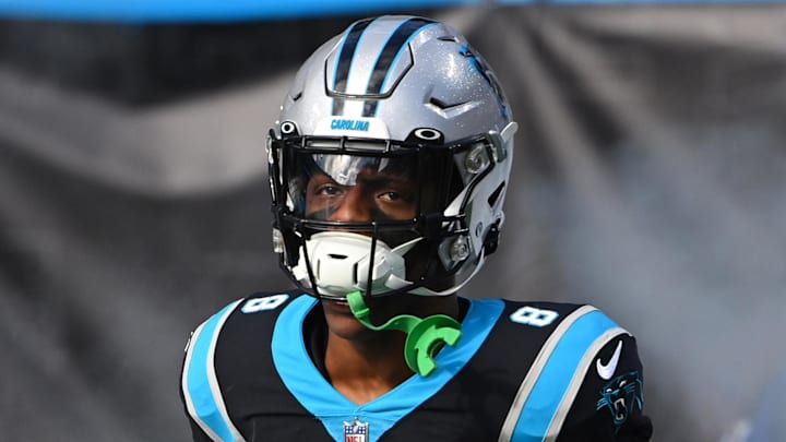 Nov 27, 2022; Charlotte, North Carolina, USA;  Carolina Panthers cornerback Jaycee Horn (8) runs on to the field at Bank of America Stadium. Mandatory Credit: Bob Donnan-Imagn Images