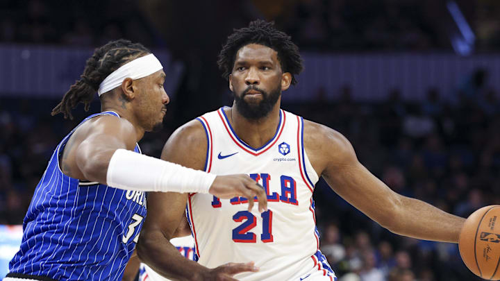 Jan 9, 2026; Orlando, Florida, USA; Philadelphia 76ers center Joel Embiid (21) is guarded by Orlando Magic center Wendell Carter Jr. (34) in the first quarter at Kia Center. Mandatory Credit: Nathan Ray Seebeck-Imagn Images Jan 9, 2026; Orlando, Florida, USA; Philadelphia 76ers center Joel Embiid (21) is guarded by Orlando Magic center Wendell Carter Jr. (34) in the first quarter at Kia Center. Mandatory Credit: Nathan Ray Seebeck-Imagn Images