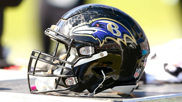 Oct 28, 2018; Charlotte, NC, USA; A Baltimore Ravens helmet sits on the sidelines in the third quarter against the Carolina Panthers at Bank of America Stadium. Mandatory Credit: Jeremy Brevard-Imagn Images