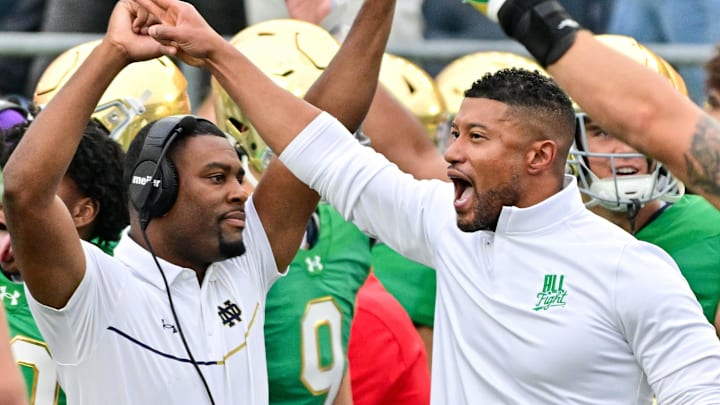 Sep 28, 2024; South Bend, Indiana, USA; Notre Dame Fighting Irish head coach Marcus Freeman reacts after a turnover on downs by the Louisville Cardinals in the second quarter at Notre Dame Stadium.
