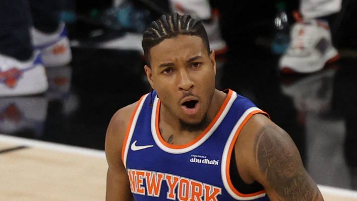 Jun 5, 2026; San Antonio, Texas, USA; New York Knicks guard Miles McBride (2) reacts against the San Antonio Spurs in the second half during game two of the 2026 NBA Finals at Frost Bank Center. Mandatory Credit: Geoff Burke-Imagn Images