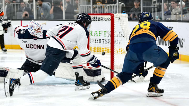 Sophomore forward Ryan O'Connell got the opening goal as Merrimack won its first Hockey East title with a 2-1 victory over Connecticut. Sophomore forward Ryan O'Connell got the opening goal as Merrimack won its first Hockey East title with a 2-1 victory over Connecticut.