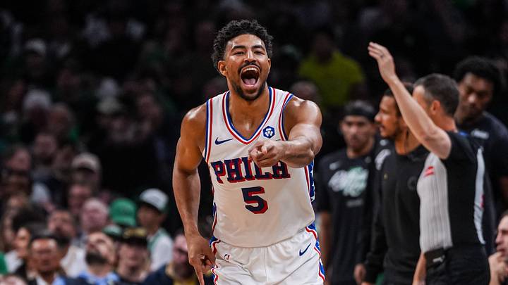 Apr 28, 2026; Boston, Massachusetts, USA; Philadelphia 76ers guard Quentin Grimes (5) reacts after his three point basket against the Boston Celtics in the second half during game five of the first round of the 2026 NBA Playoffs at TD Garden. Mandatory Credit: David Butler II-Imagn Images
