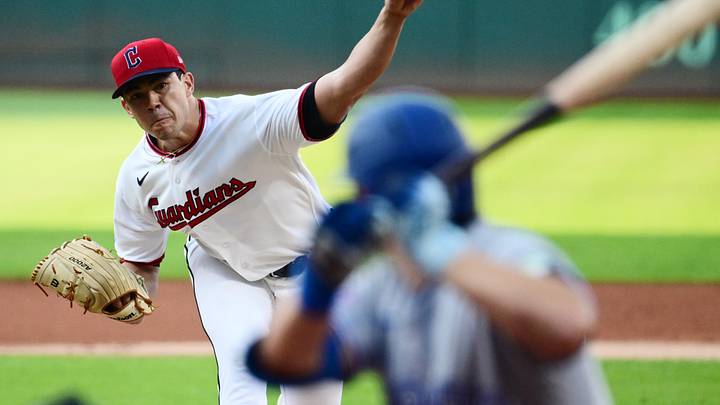 Sep 2, 2026; Cleveland, Ohio, USA; Cleveland Guardians pitcher Joey Cantillo (54) throws a pitch to Toronto Blue Jays center fielder Brett Bateman (21) during the first inning at Progressive Field. Mandatory Credit: Ken Blaze-Imagn Images