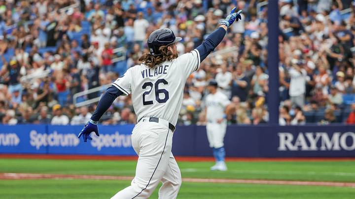 Jun 21, 2026; St. Petersburg, Florida, USA; Tampa Bay Rays right fielder Ryan Vilade (26) points to the fans on the way to home after hitting a home run during the sixth inning against the Washington Nationals at Tropicana Field. Jun 21, 2026; St. Petersburg, Florida, USA; Tampa Bay Rays right fielder Ryan Vilade (26) points to the fans on the way to home after hitting a home run during the sixth inning against the Washington Nationals at Tropicana Field.