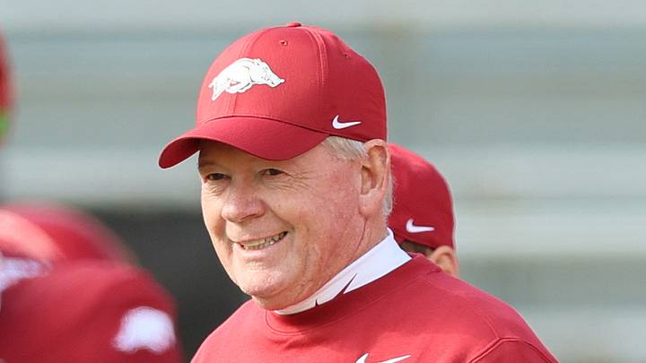 Nov 1, 2025; Fayetteville, Arkansas, USA; Arkansas Razorbacks interim head coach Bobby Petrino prior to the game against the Mississippi State Bulldogs at Donald W. Reynolds Razorback Stadium. Mandatory Credit: Nelson Chenault-Imagn Images Nov 1, 2025; Fayetteville, Arkansas, USA; Arkansas Razorbacks interim head coach Bobby Petrino prior to the game against the Mississippi State Bulldogs at Donald W. Reynolds Razorback Stadium. Mandatory Credit: Nelson Chenault-Imagn Images