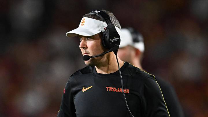 Sep 7, 2024; Los Angeles, California, USA; USC Trojans head coach Lincoln Riley reacts against the Utah State Aggies during the second quarter at United Airlines Field at Los Angeles Memorial Coliseum. Mandatory Credit: Jonathan Hui-Imagn Images Sep 7, 2024; Los Angeles, California, USA; USC Trojans head coach Lincoln Riley reacts against the Utah State Aggies during the second quarter at United Airlines Field at Los Angeles Memorial Coliseum. Mandatory Credit: Jonathan Hui-Imagn Images