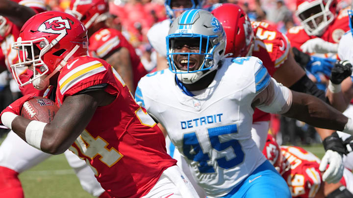 Kansas City Chiefs running back Deneric Prince (34) runs the ball as former Detroit Lions defensive end Isaac Ukwu (45) chases Kansas City Chiefs running back Deneric Prince (34) runs the ball as former Detroit Lions defensive end Isaac Ukwu (45) chases