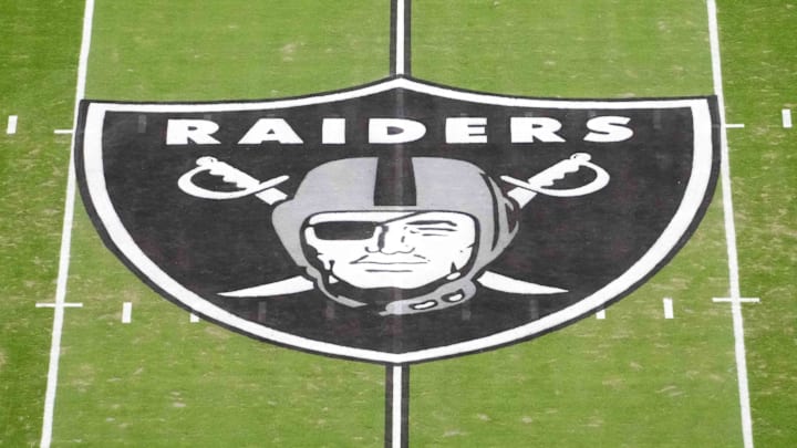 Jan 4, 2026; Paradise, Nevada, USA; The Las Vegas Raiders shield logo at midfield at Allegiant Stadium. Mandatory Credit: Kirby Lee-Imagn Images