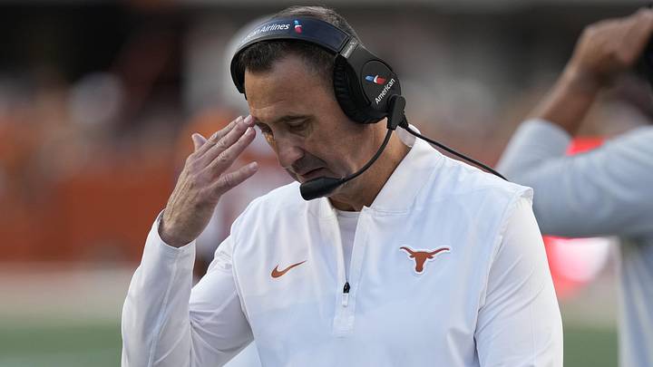 Texas Longhorns head coach Steve Sarkisian pauses during the second half against the Arkansas Razorbacks at Darrell K Royal-Texas Memorial Stadium.