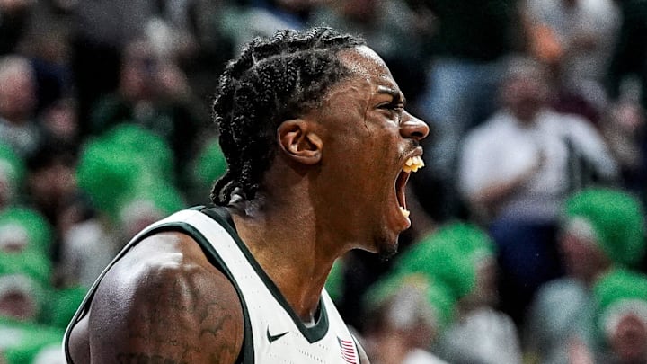 Michigan State forward Coen Carr (55) celebrates after dunks against Rutgers during the second half at Breslin Center in East Lansing on Thursday, March 5, 2026.