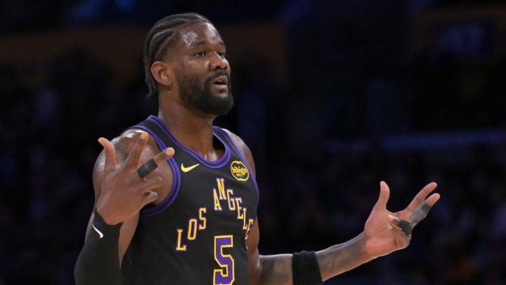 Los Angeles Lakers center Deandre Ayton reacts on the court after a 3-point basket by guard Marcus Smart in the first half of game two of the first round of the 2026 NBA Playoffs against the Houston Rockets at Crypto.com Arena.