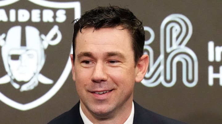Feb 10, 2026; Henderson, NV, USA; Las Vegas Raiders coach Klint Kubiak speaks at introductory press conference at Intermountain Health Performance Center. Mandatory Credit: Kirby Lee-Imagn Images