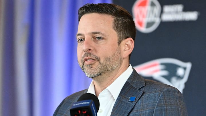 Mar 13, 2025; Foxborough, MA, USA; New England Patriots executive vice president of player personnel Eliot Wolf  discusses the teamís recent free agent additions with the media at Gillette Stadium. Mandatory Credit: Eric Canha-Imagn Images