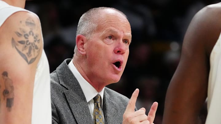 Mar 7, 2026; Boulder, Colorado, USA; Colorado Buffaloes head coach Tad Boyle talks to his players in the first half against the Arizona Wildcats at the CU Events Center.