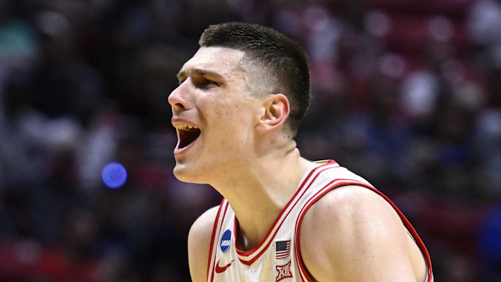 Mar 20, 2026; San Diego, CA, USA; Arizona Wildcats forward Ivan Kharchenkov (8) reacts in the first half against the LIU Sharks during a first round game of the men's 2026 NCAA Tournament at Viejas Arena. Mandatory Credit: Denis Poroy-Imagn Images
