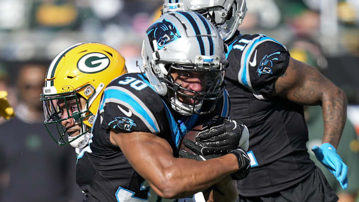 Rico Dowdle and Chuba Hubbard, pictured during the 2023 game against Green Bay, will power the Panthers' ground game. Rico Dowdle and Chuba Hubbard, pictured during the 2023 game against Green Bay, will power the Panthers' ground game.