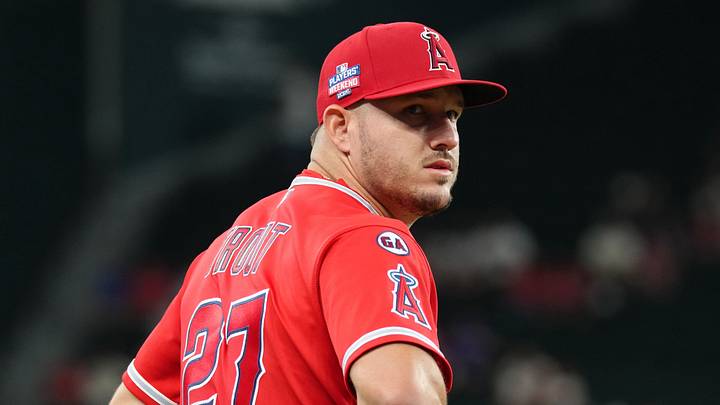 Los Angeles Angels designated hitter Mike Trout (27) looks on