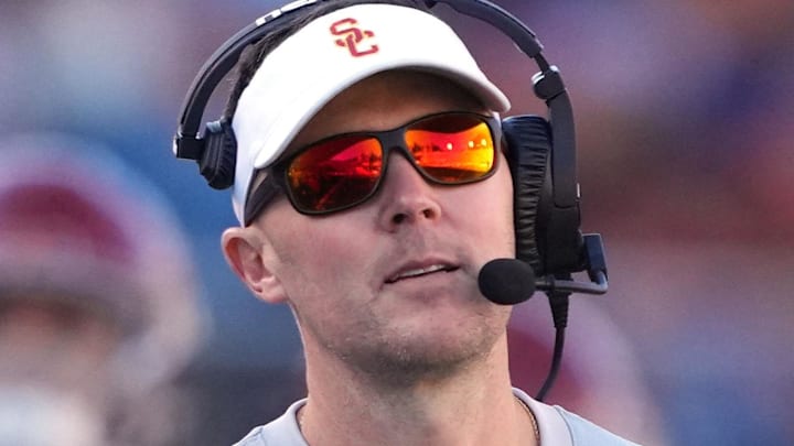 Oct 28, 2023; Berkeley, California, USA; USC Trojans head coach Lincoln Riley reacts after a penalty during the third quarter against the California Golden Bears at California Memorial Stadium. Mandatory Credit: Darren Yamashita-Imagn Images
