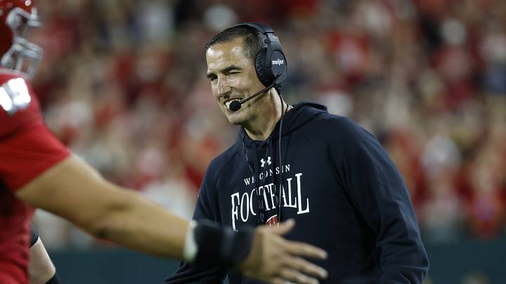 Sep 6, 2026; Green Bay, Wisconsin, USA;  Wisconsin Badgers head coach Luke Fickell reacts in the first half at Lambeau Field.  Mandatory Credit: Michael Caterina-Imagn Images