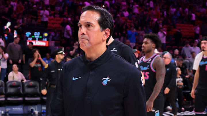 Miami Heat head coach Erik Spoelstra walks on the court  (Mandatory Credit: Sam Navarro-Imagn Images)