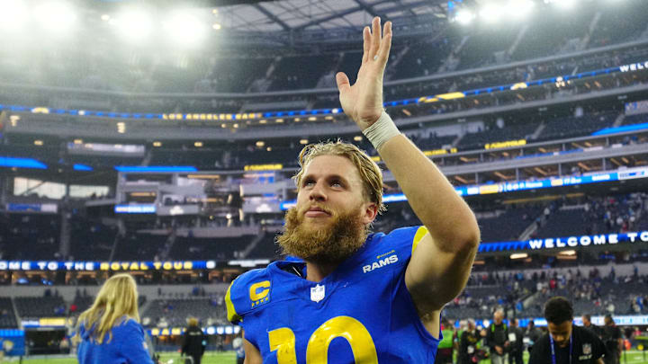 Dec 8, 2024; Inglewood, California, USA; Los Angeles Rams wide receiver Cooper Kupp (10) reacts after the game against the Buffalo Bills at SoFi Stadium. Mandatory Credit: Kirby Lee-Imagn Images