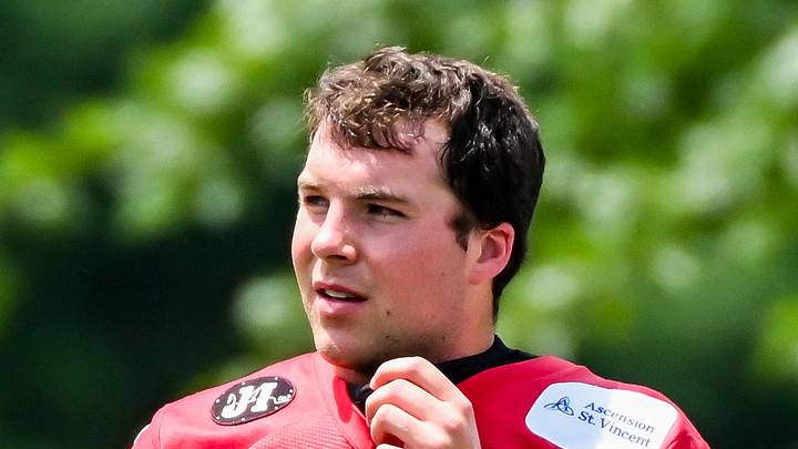 Indianapolis Colts quarterback Riley Leonard participates in a drill during minicamp