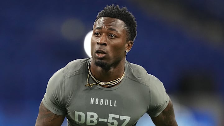 Mar 3, 2023; Indianapolis, IN, USA; Florida State defensive back Jammie Robinson (DB57) participates in drills at Lucas Oil Stadium. Mandatory Credit: Kirby Lee-Imagn Images
