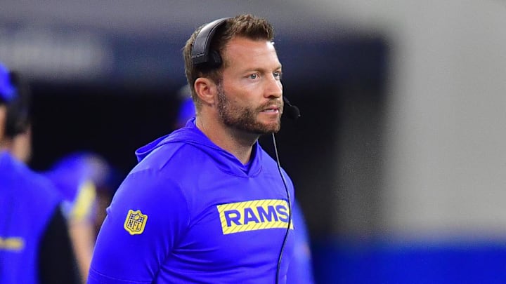 Nov 24, 2024; Inglewood, California, USA; Los Angeles Rams head coach Sean McVay watches game action against the Philadelphia Eagles during the first half at SoFi Stadium. Mandatory Credit: Gary A. Vasquez-Imagn Images