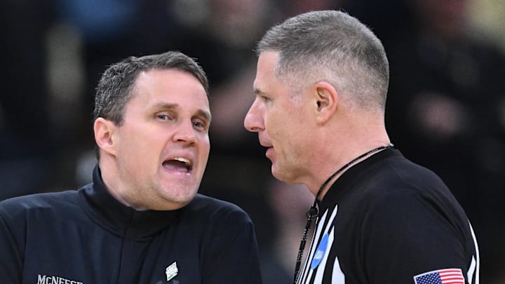 Mar 22, 2025; Providence, RI, USA; McNeese State Cowboys head coach Will Wade talks to an official during the second half of a second round men’s NCAA Tournament game against the Purdue Boilermakers at Amica Mutual Pavilion. Mandatory Credit: Brian Fluharty-Imagn Images
