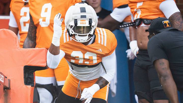 Tennessee defensive lineman Jordan Norman (33) participates in a drill during Tennessee football preseason practice in Knoxville, Tennessee, Aug. 11, 2026.