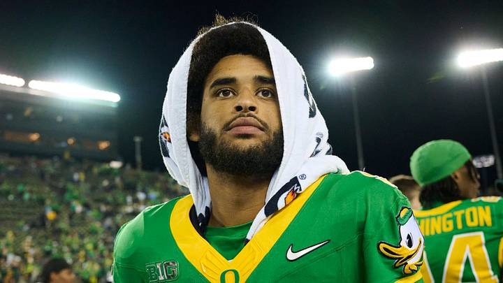 Sep 18, 2026; Eugene, Oregon, USA; Oregon Ducks quarterback Dante Moore (5) walks off the field after a game against the Portland State Vikings at Autzen Stadium. Mandatory Credit: Troy Wayrynen-Imagn Images
