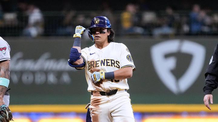 Aug 26, 2025; Milwaukee, Wisconsin, USA;  Milwaukee Brewers second baseman Anthony Seigler (18) celebrates at second base after hitting a double during the third inning against the Arizona Diamondbacks at American Family Field. Mandatory Credit: Jeff Hanisch-Imagn Images