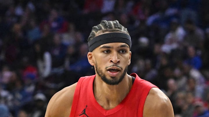 Portland Trail Blazers forward Toumani Camara drives to the basket against Philadelphia 76ers guard Tyrese Martin. Portland Trail Blazers forward Toumani Camara drives to the basket against Philadelphia 76ers guard Tyrese Martin.