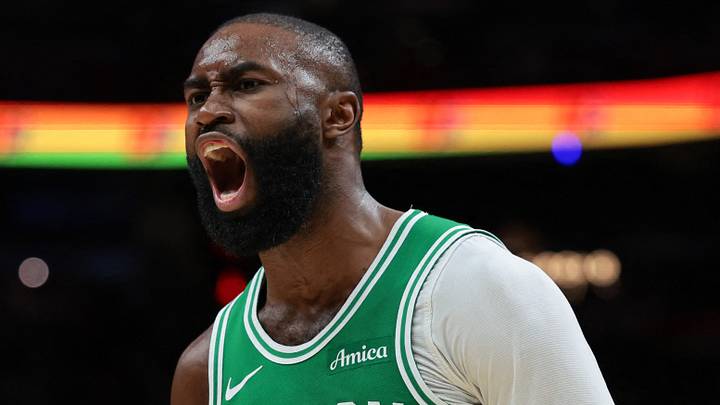 Boston Celtics forward Jaylen Brown (7) reacts against the Miami Heat during the third quarter at Kaseya Center on April 1, 2026. Boston Celtics forward Jaylen Brown (7) reacts against the Miami Heat during the third quarter at Kaseya Center on April 1, 2026.
