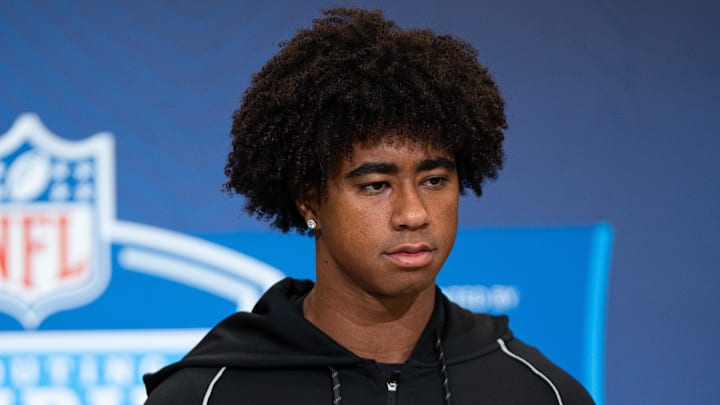 Feb 27, 2026; Indianapolis, IN, USA; Southern California wideout Ja'Kobi Lane (WO27) speaks to members of the media during the NFL Combine at the Indiana Convention Center. Feb 27, 2026; Indianapolis, IN, USA; Southern California wideout Ja'Kobi Lane (WO27) speaks to members of the media during the NFL Combine at the Indiana Convention Center.